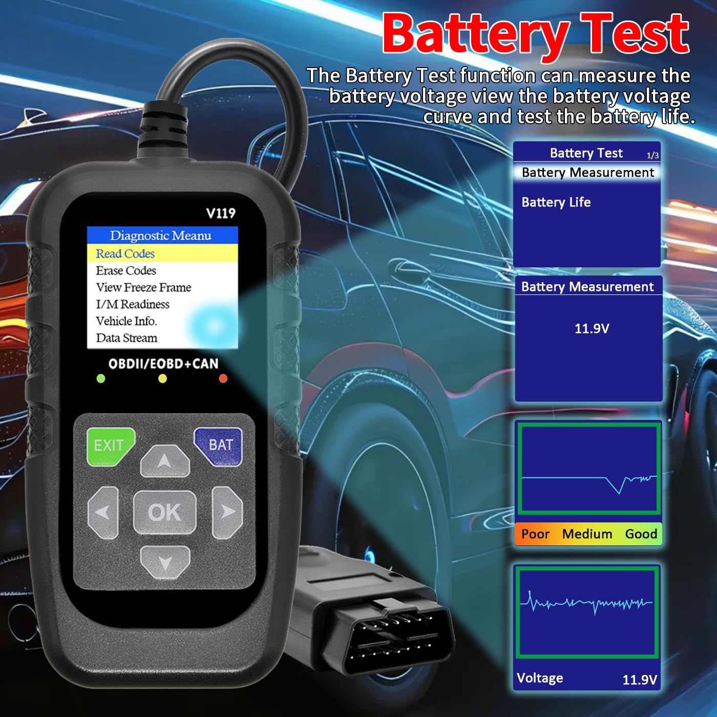 Amazon.co.jp: 車 OBD2 スキャナー診断ツール、コードリーダー、電圧